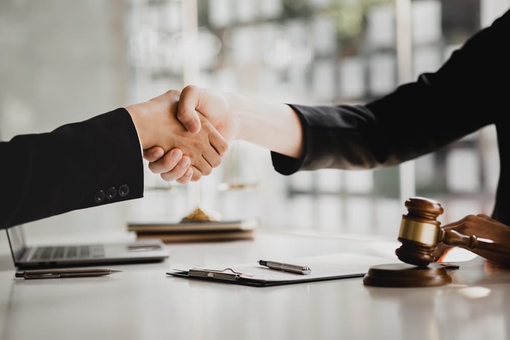 Lawyer shaking hands with client.