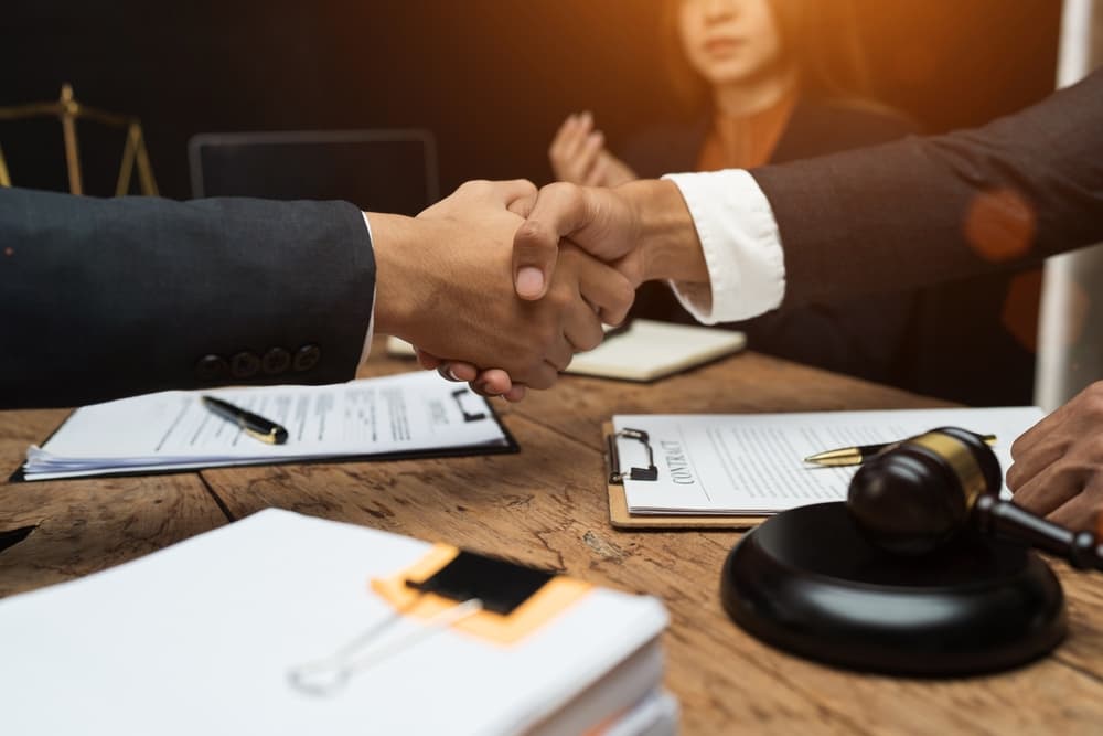 Shaking hands after agreement, A legal consultation is the initial meeting between a potential lawyer and client.