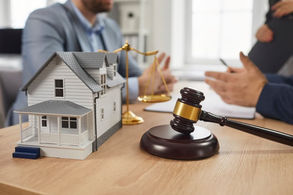 Group of people meeting and talking at office table with gavel and residential house model