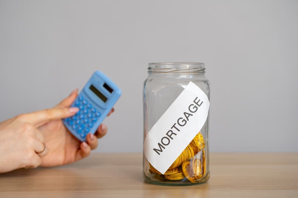 A person holding a calculator next to a jar labeled "Mortgage" filled with coins.